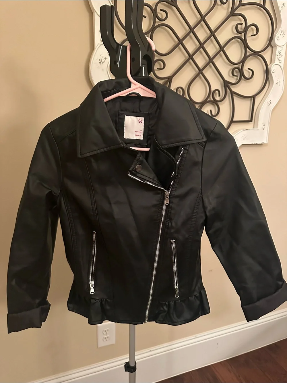 SO Black Faux Leather Moto Jacket with Ruffle Hem